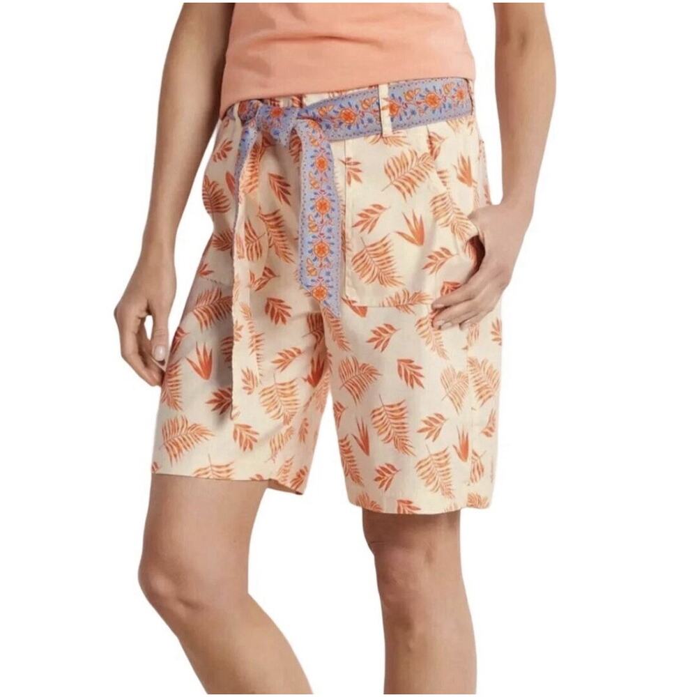 Soft Surroundings Summer Breeze Palm Linen Shorts Women's Large Tropical Belted